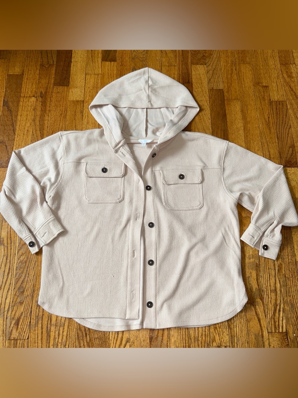 Time and Tru Beige Ribbed Button-Down Hooded Shacket - Size Large
